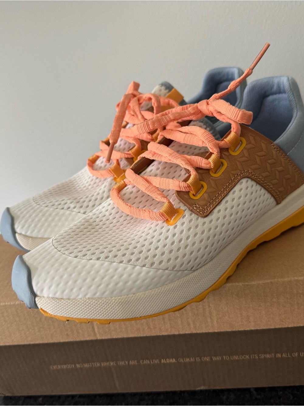 OluKai Wailuku Women's White Mesh Sneakers with Peach Laces and Tan Accents